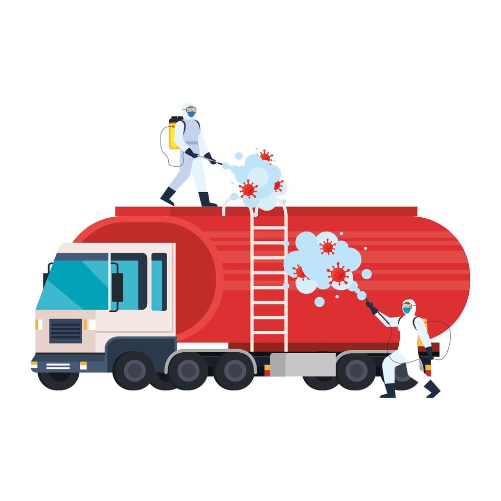 Man with protective suit spraying fuel truck with covid 19 virus vector design