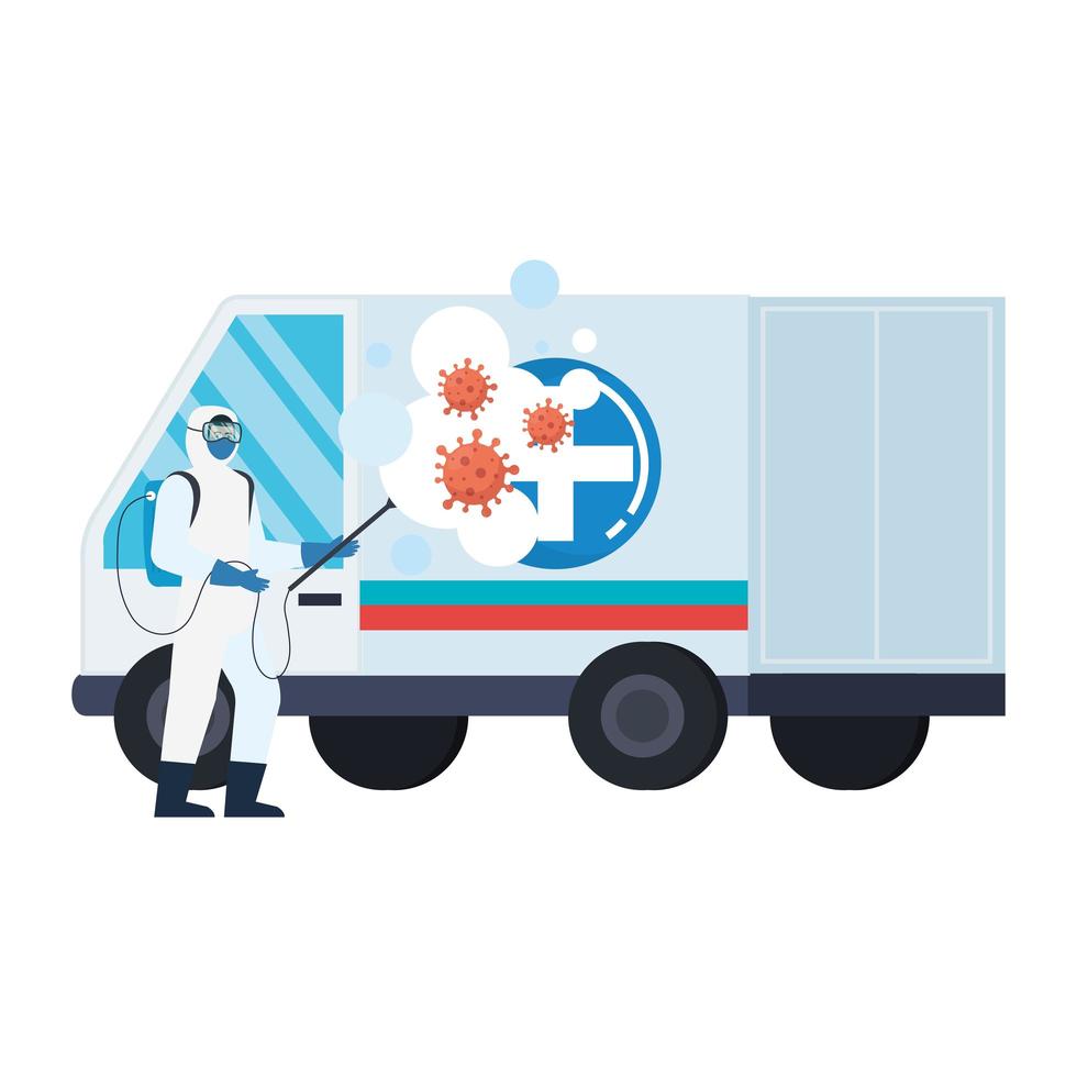 Man with protective suit spraying ambulance with covid 19 virus vector design