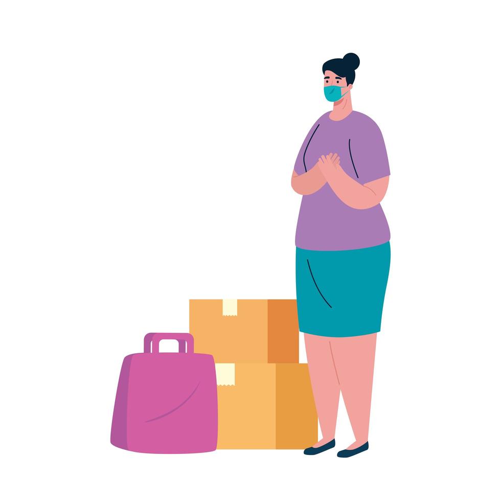 Woman client with mask delivery boxes and bag vector design