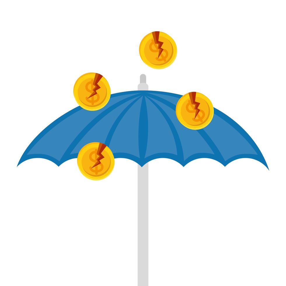 broken dollar coins over umbrella of bankruptcy vector design