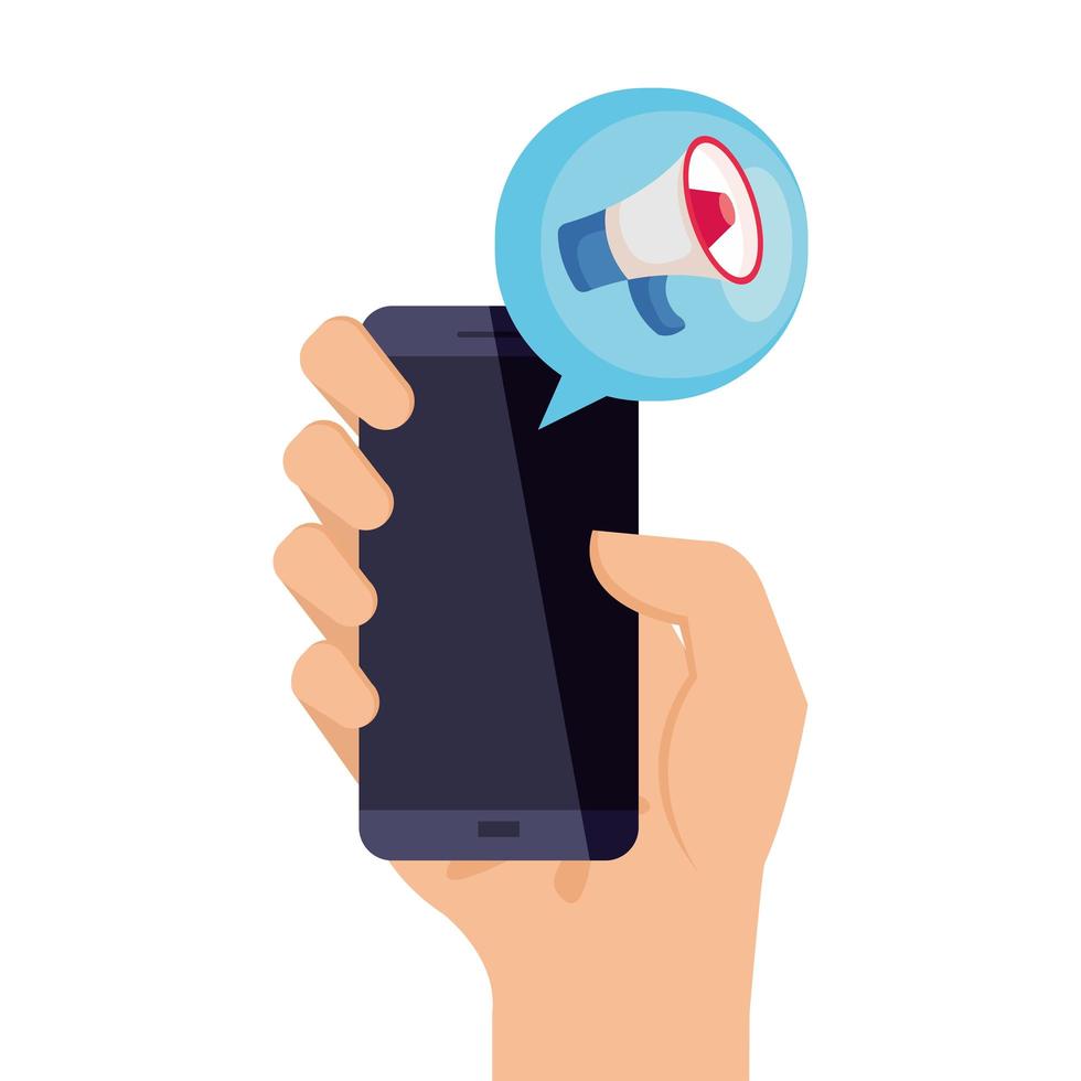 hand holding smartphone with megaphone vector design