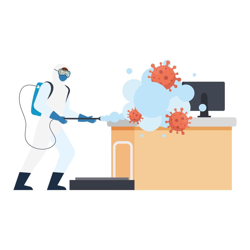 Man with protective suit spraying reception with covid 19 virus vector design