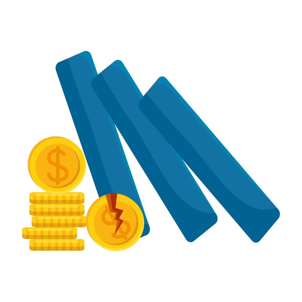 broken dollar coins of bankruptcy vector design