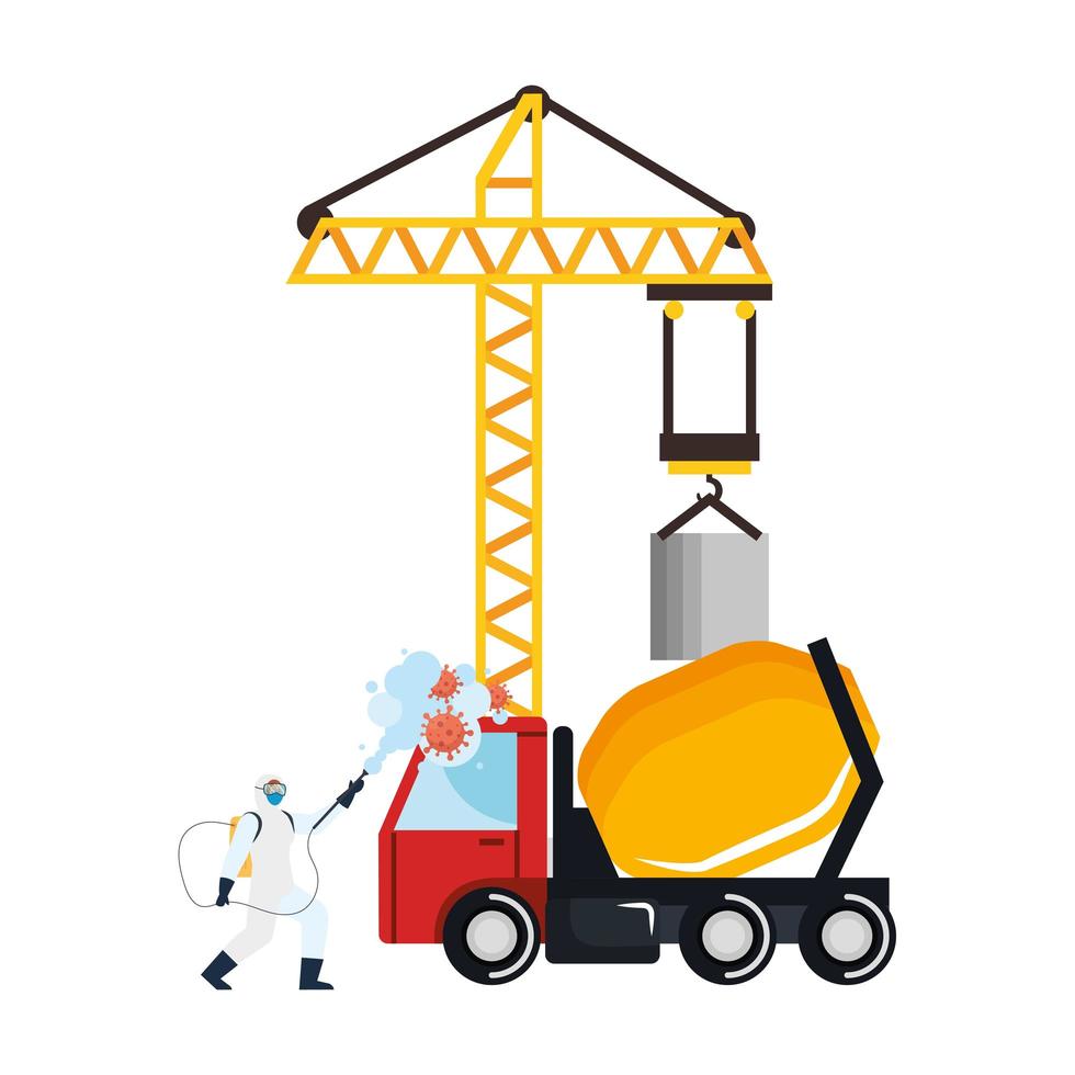 Man with protective suit spraying crane and concrete mixer truck with covid 19 virus vector design