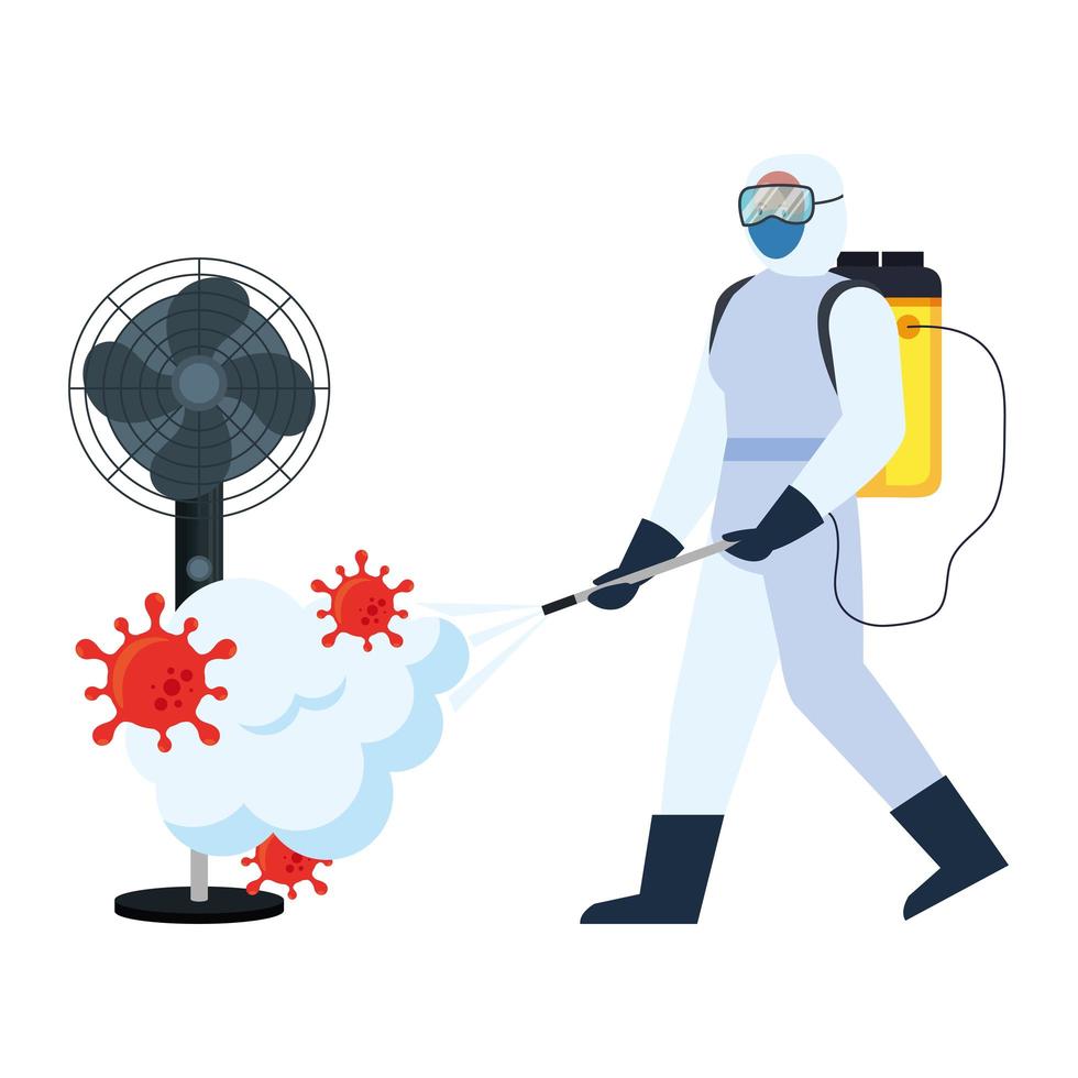 Hombre con traje protector rociando ventilador de casa con diseño de vector de virus covid 19