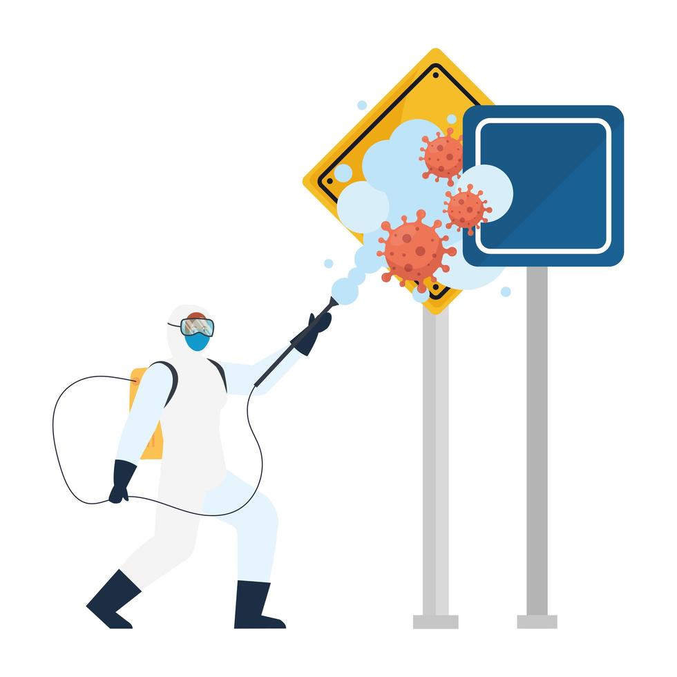 Man with protective suit spraying road signs with covid 19 virus vector design