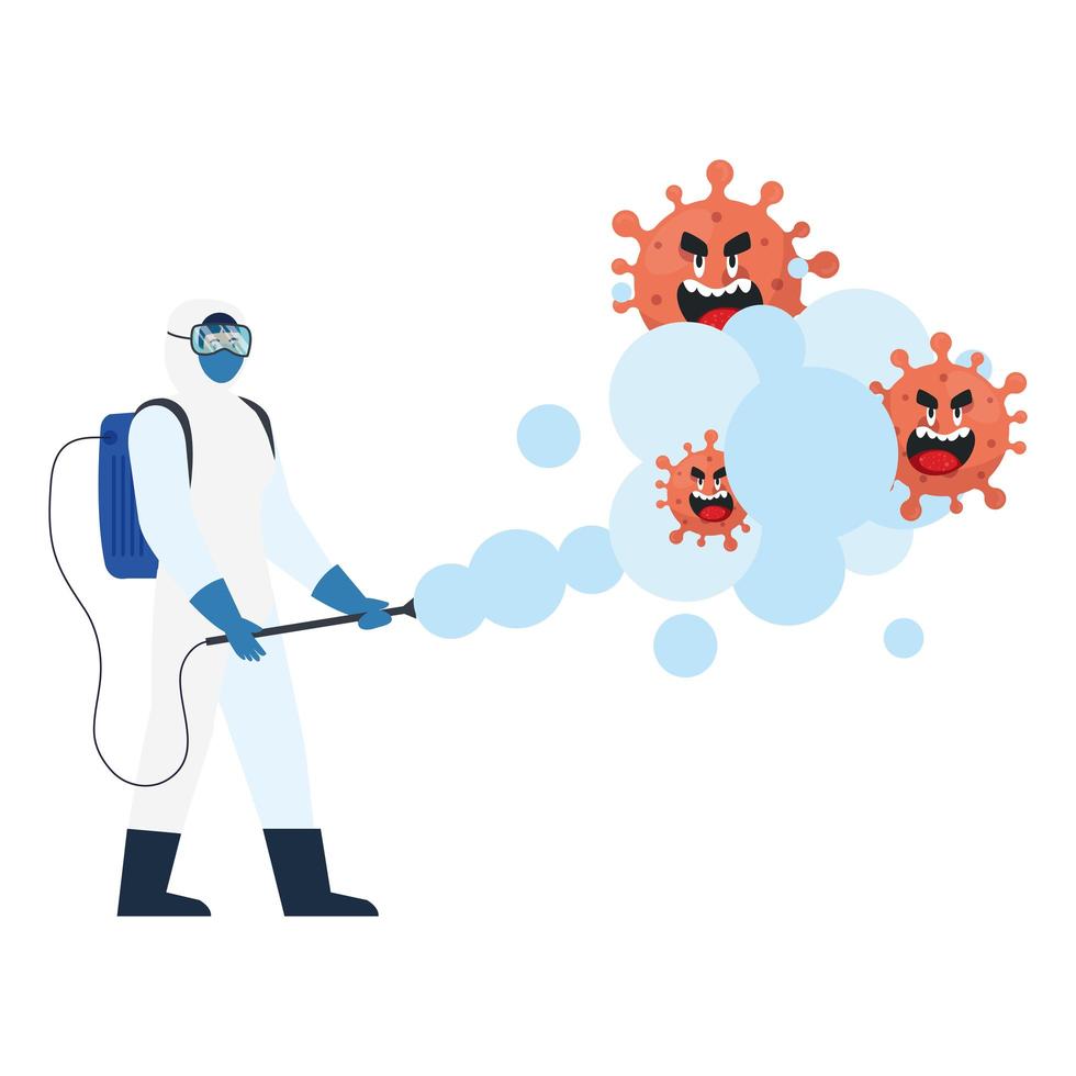Man with protective suit spraying covid 19 virus cartoons vector design