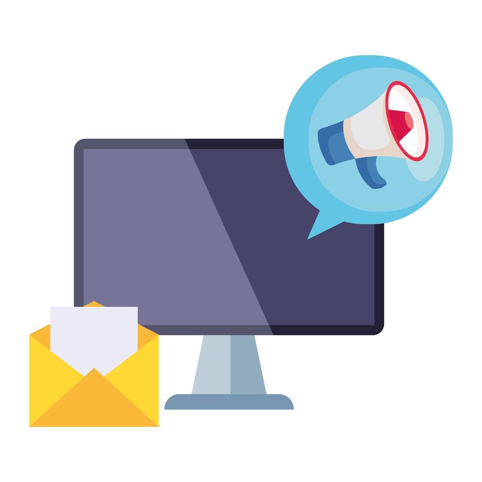 computer with envelope and megaphone inside bubble vector design