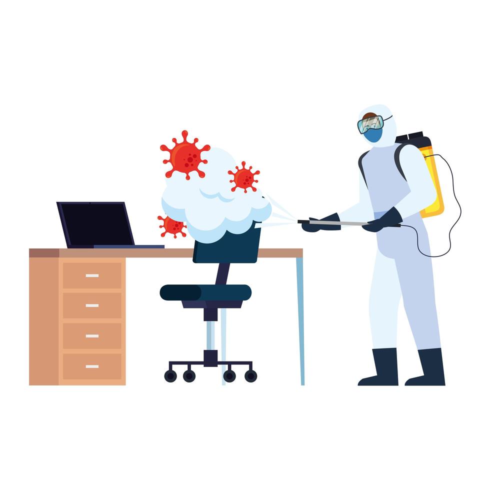 Man with protective suit spraying office desk with covid 19 virus vector design