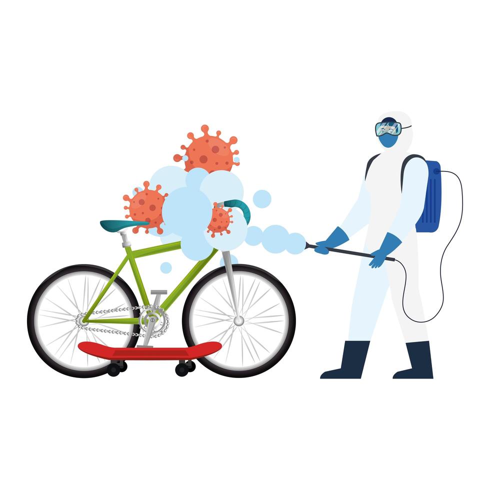 Man with protective suit spraying bike and skateboard with covid 19 virus vector design