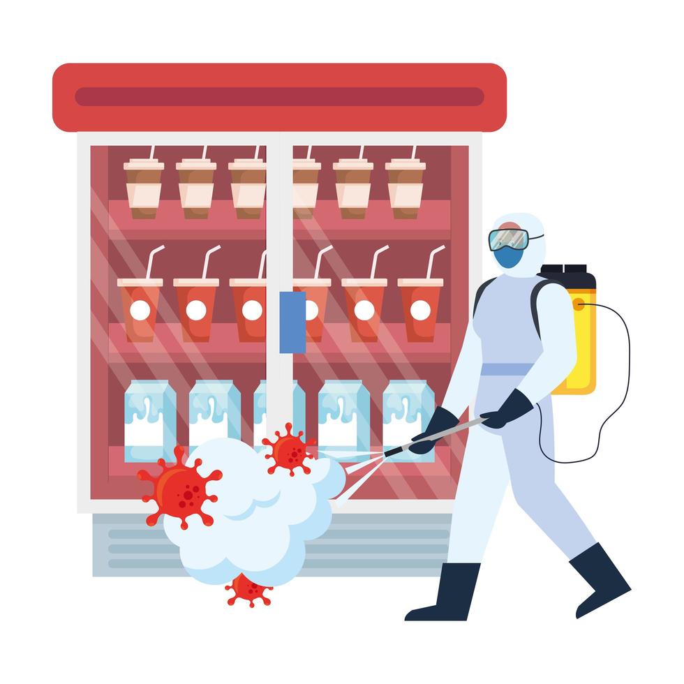 Man with protective suit spraying store fridge with covid 19 virus vector design