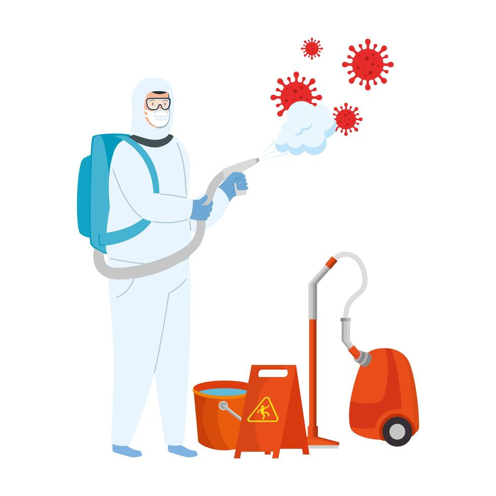 Man with protective suit spraying cleaning equipment with covid 19 virus vector design