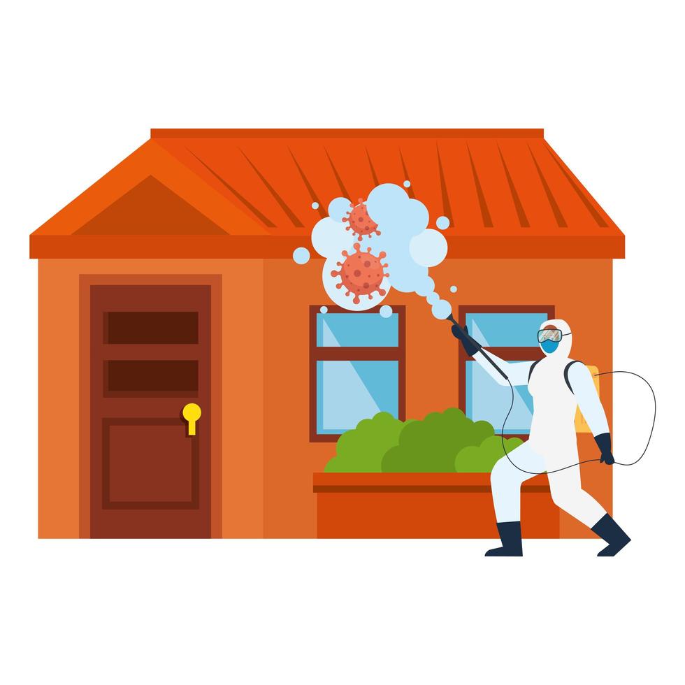 Man with protective suit spraying house with covid 19 virus vector design