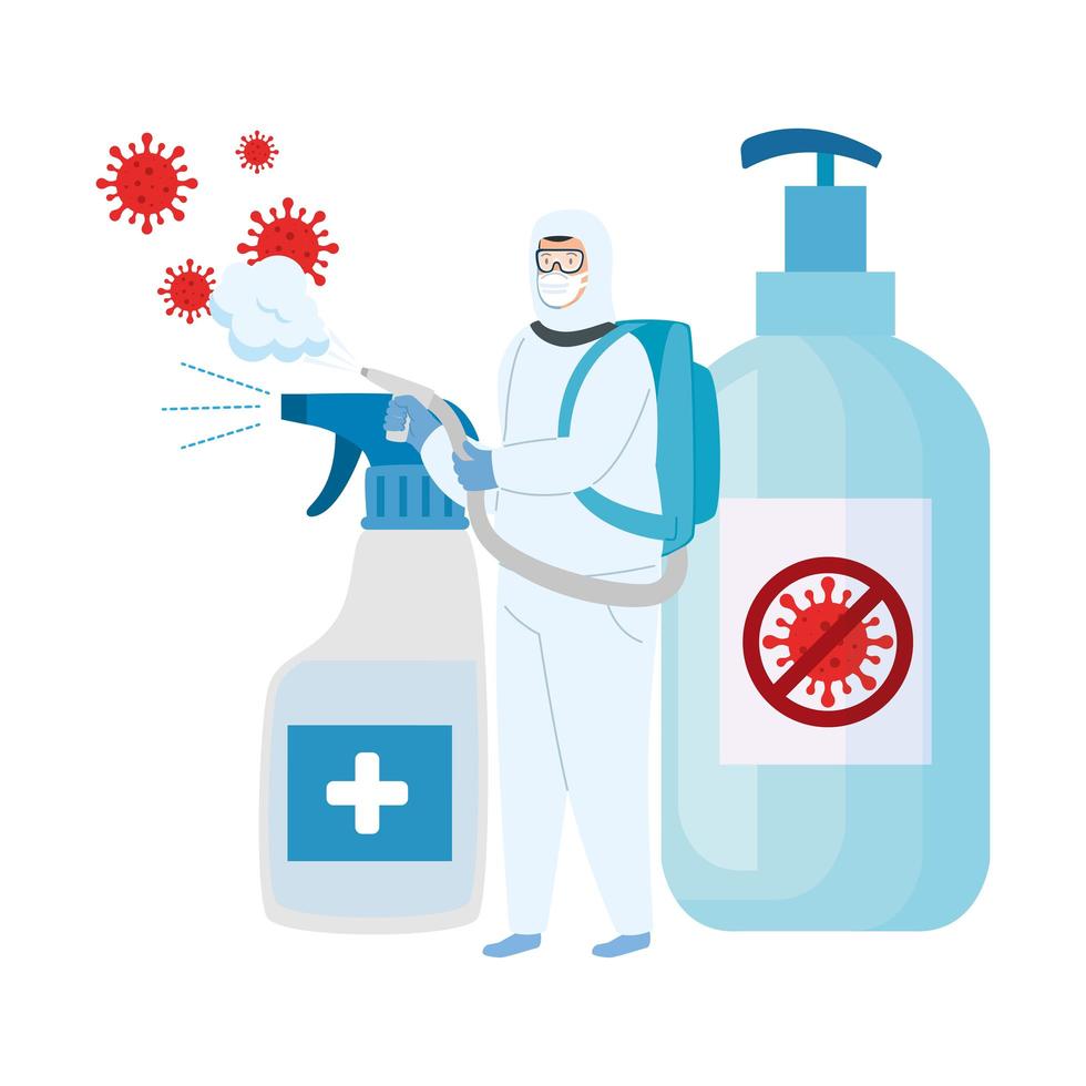 Man with protective suit spraying sanitizer bottles with covid 19 virus vector design