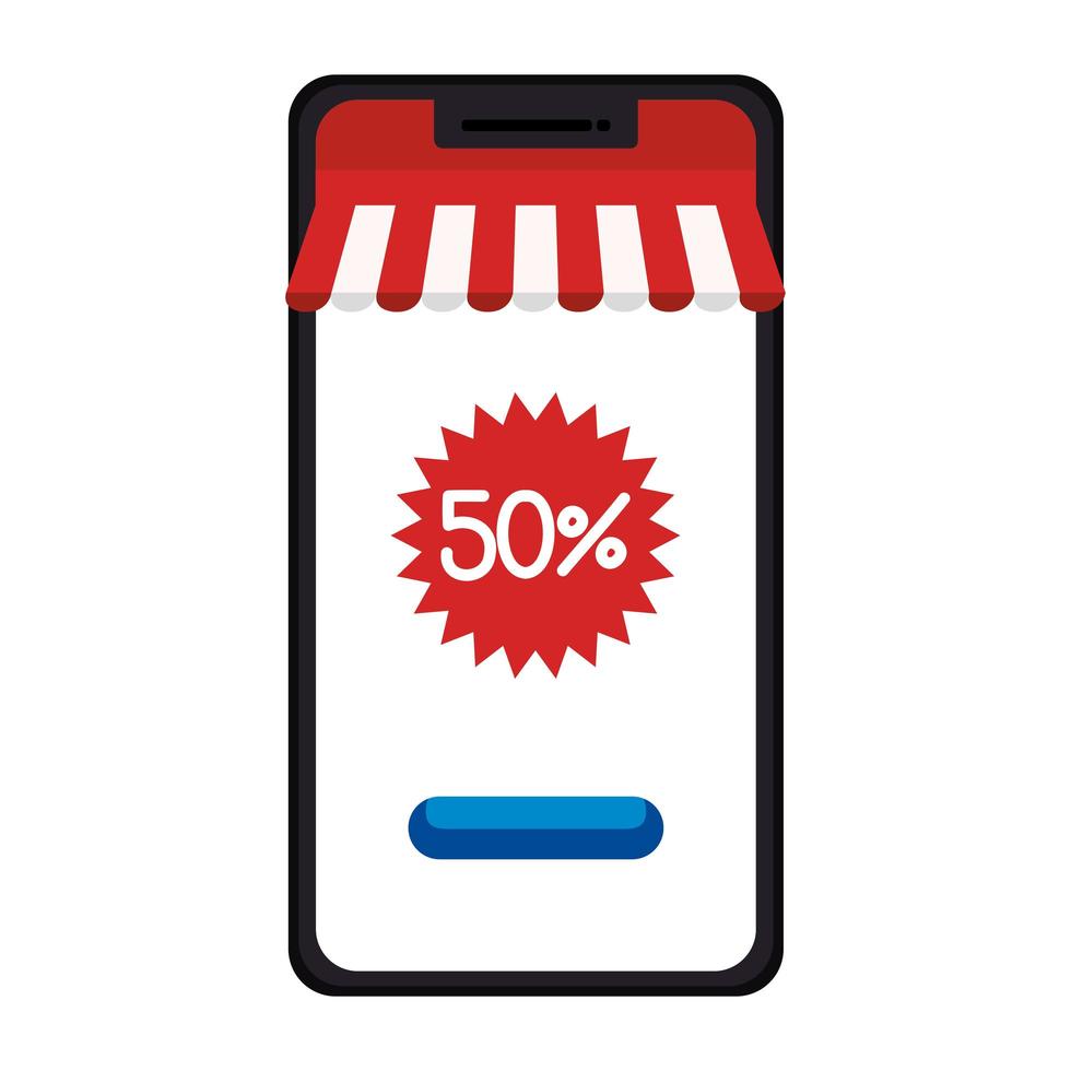 Smartphone with tent and fifty percent discount seal stamp vector design