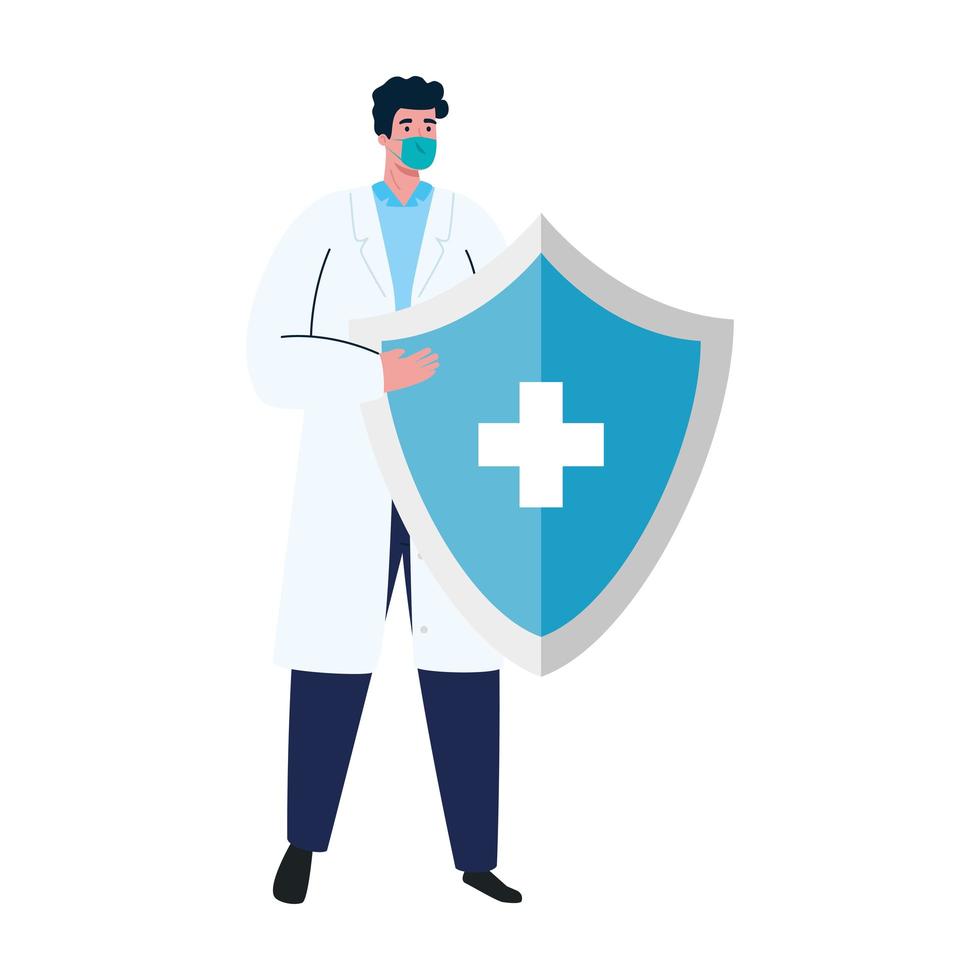Male doctor with medical mask and shield with cross vector design