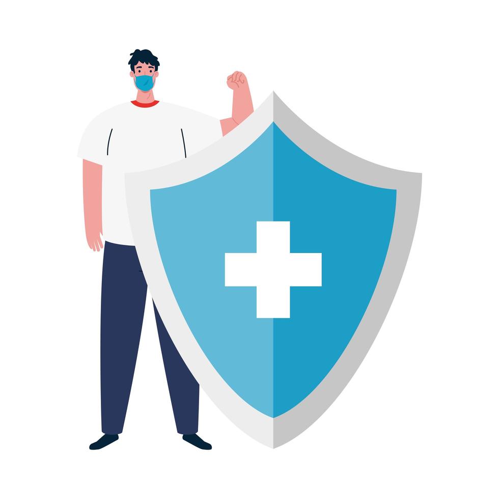 Man avatar with medical mask and shield with cross vector design