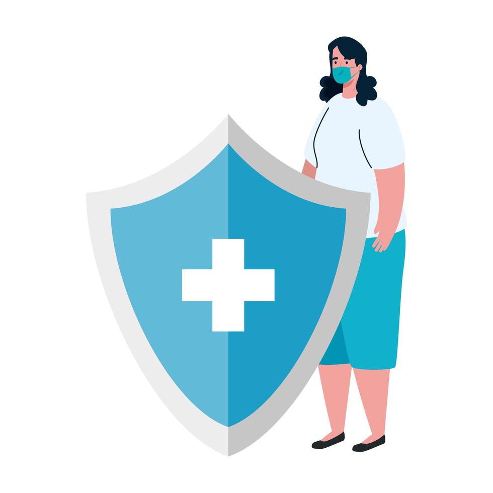 Mujer con máscara médica y escudo con diseño vectorial cruzado vector