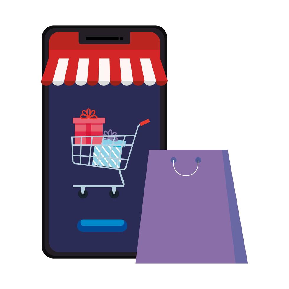 Smartphone con diseño de vector de tienda y bolsa de compras