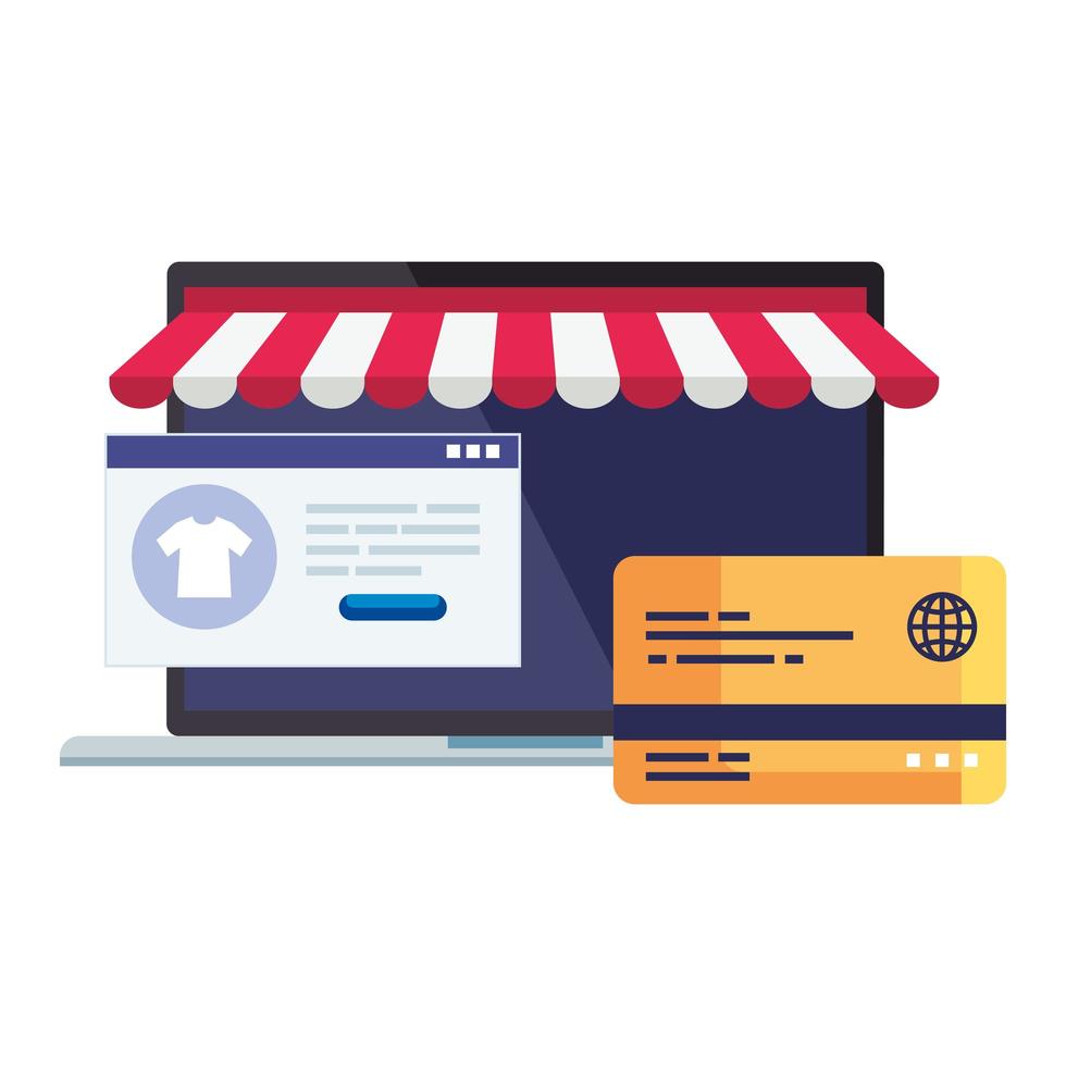 Laptop con tarjeta de crédito de carpa y diseño de vector de sitio web