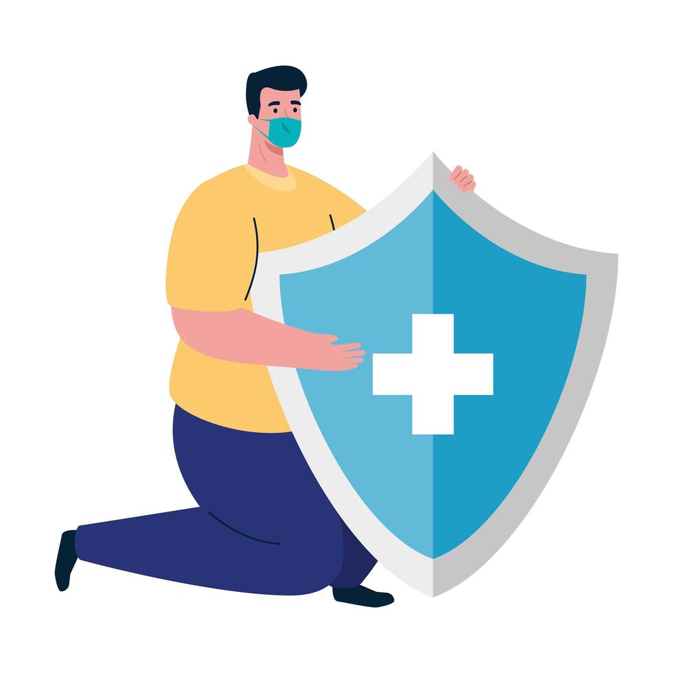 Avatar de hombre con máscara médica y escudo con diseño vectorial cruzado vector