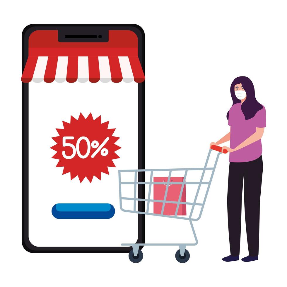 Woman with mask smartphone and shopping cart vector design