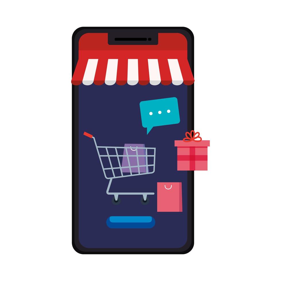 Smartphone con carrito de tienda y bolsas de diseño vectorial vector