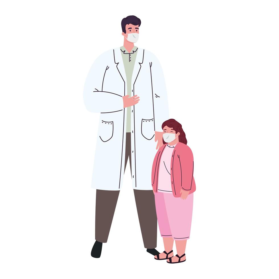 Doctor masculino y niña con diseño de vector de máscara médica