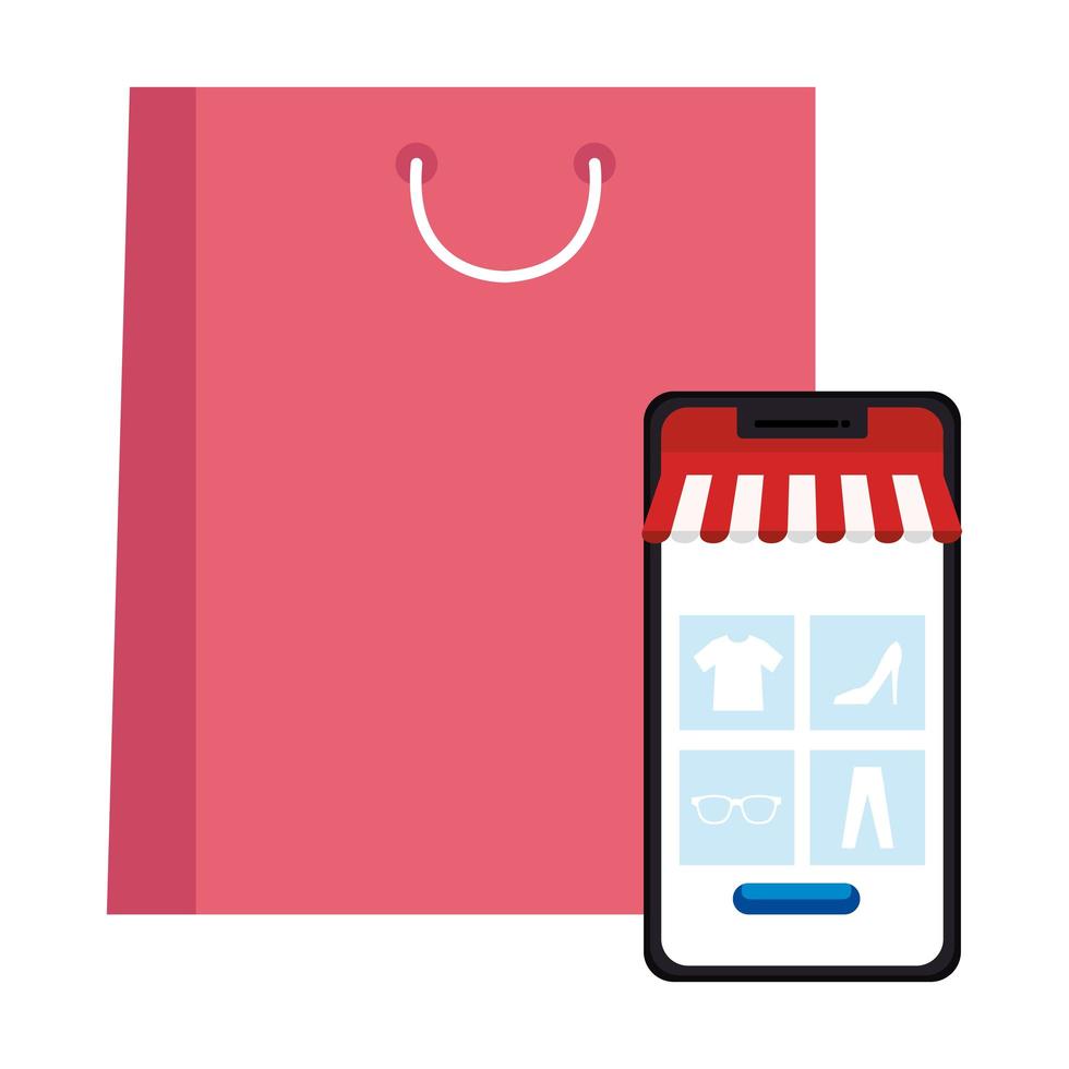 Smartphone con diseño de vector de tienda y bolsa de compras