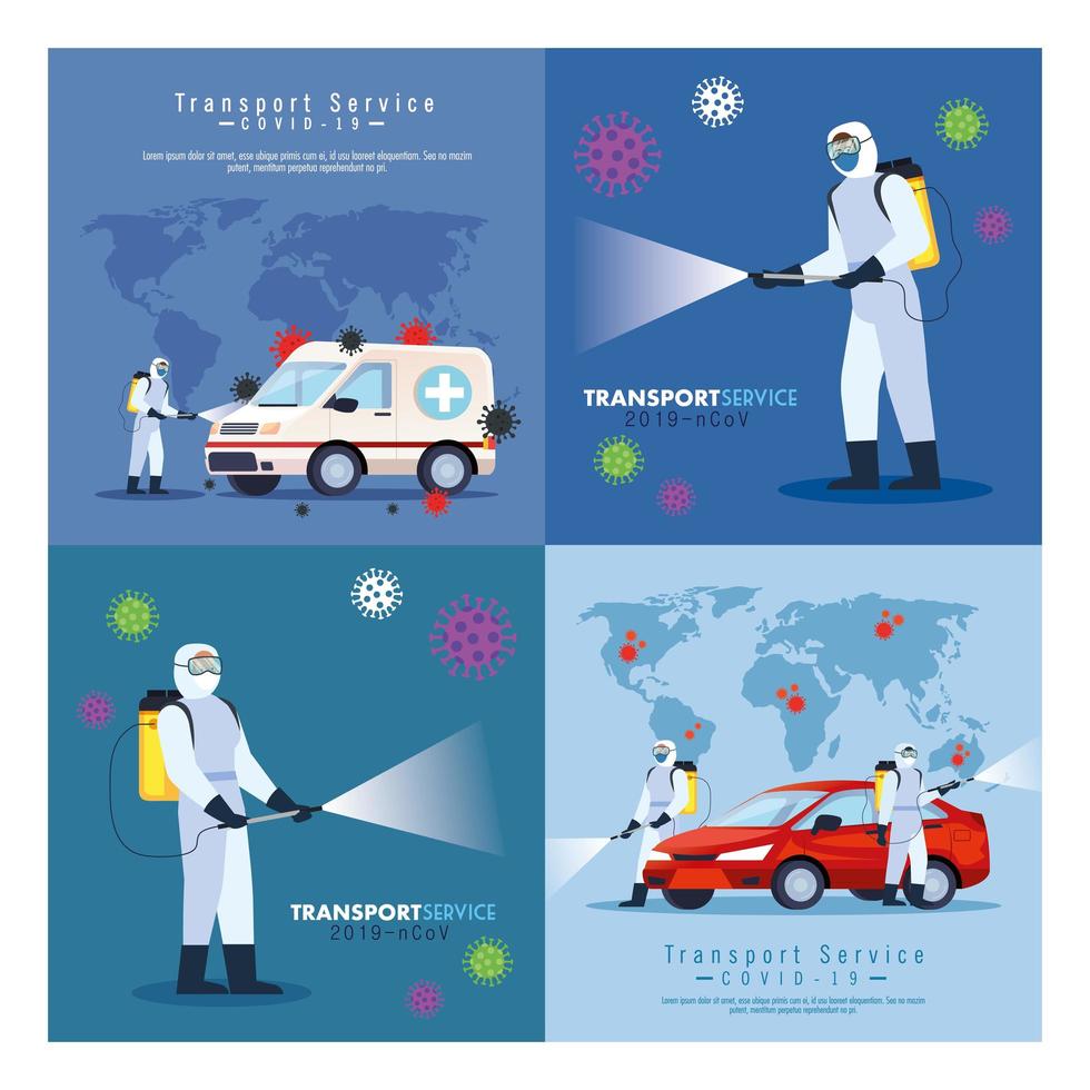 cars disinfection service, prevention coronavirus covid 19, clean surfaces in car with a disinfectant spray, persons with biohazard suit vector