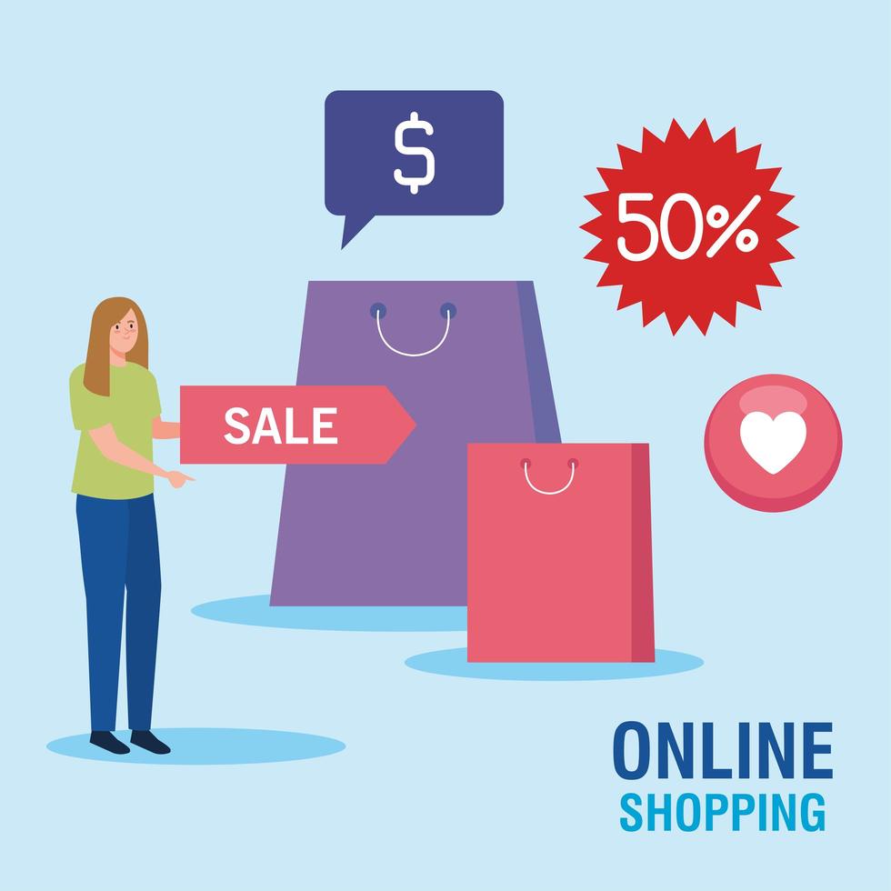 woman avatar and bags of shopping online vector design