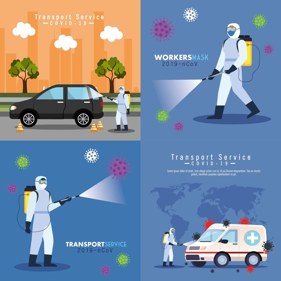 cars disinfection service, prevention coronavirus covid 19, clean surfaces in car with a disinfectant spray, persons with biohazard suit vector