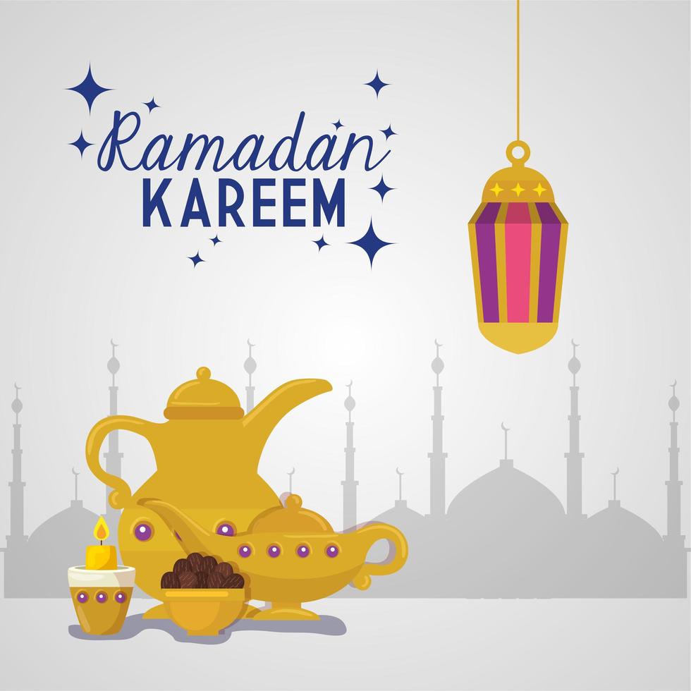 ramadan kareem islamic card, golden lanterns hanging with golden objects vector