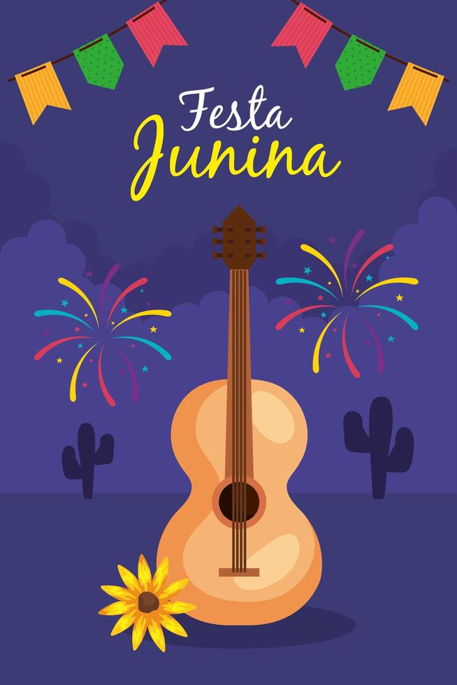 festa junina with guitar and decoration, brazil june festival, celebration decoration vector