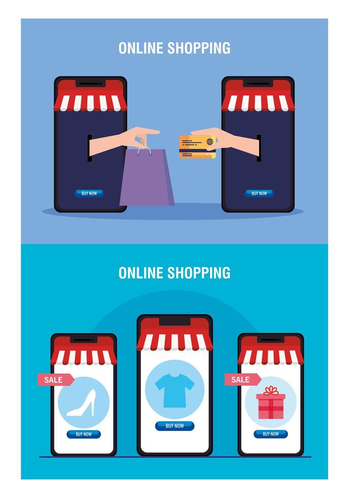 Smartphones hands holding bag credit card and icon set vector design