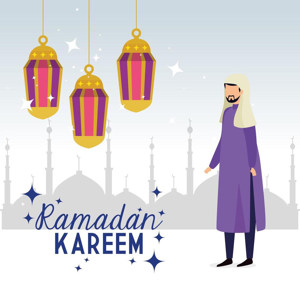 tarjeta islámica ramadan kareem, hombre musulmán con linternas colgando decoración vector