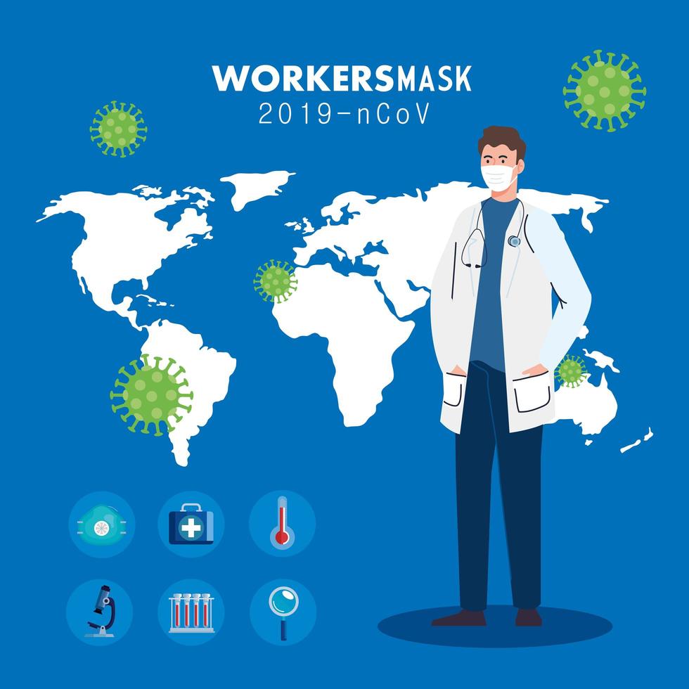 doctor wearing medical mask against 2019 ncov with medical icons and background world planet vector