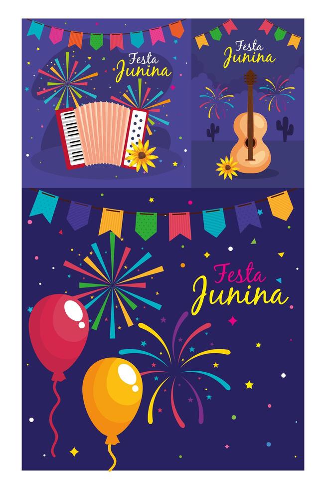 festa junina set cards, brazil june festival with decoration vector