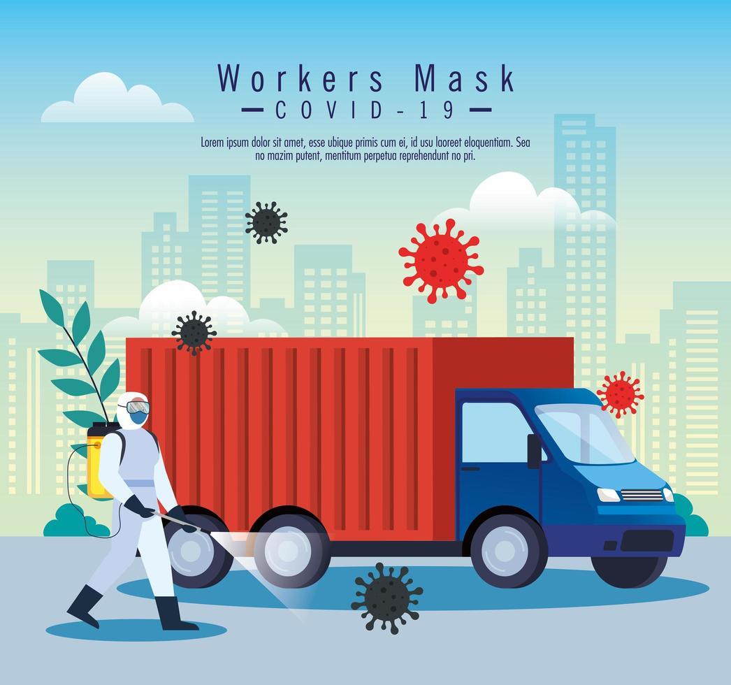truck car disinfection service, prevention coronavirus covid 19, clean surfaces in car with a disinfectant spray, person with biohazard suit vector