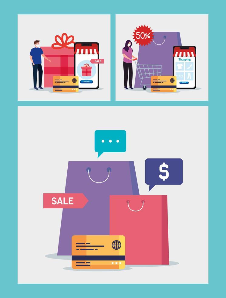 man and woman with bags and credit card vector design