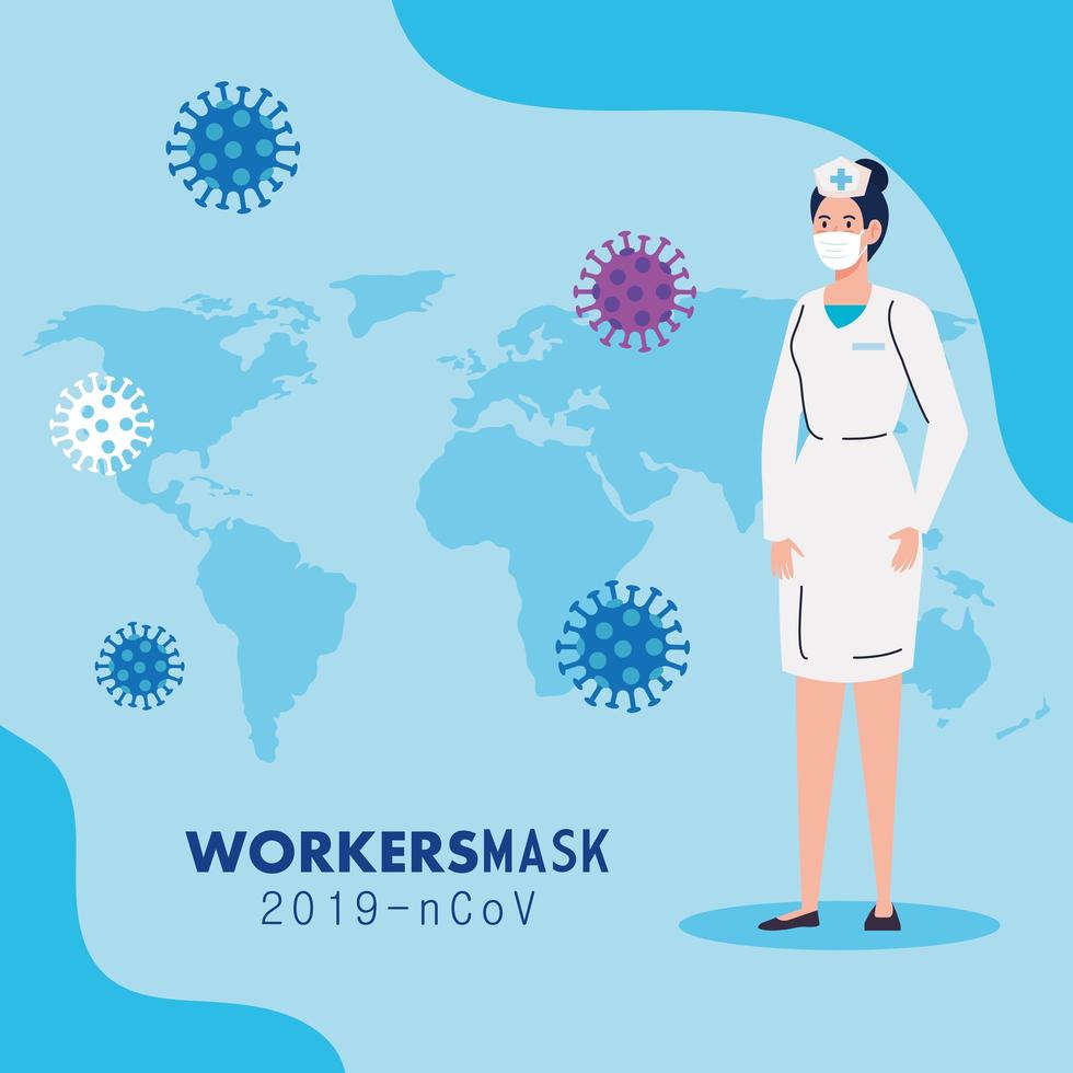 nurse wearing medical mask during covid 19 with world map vector