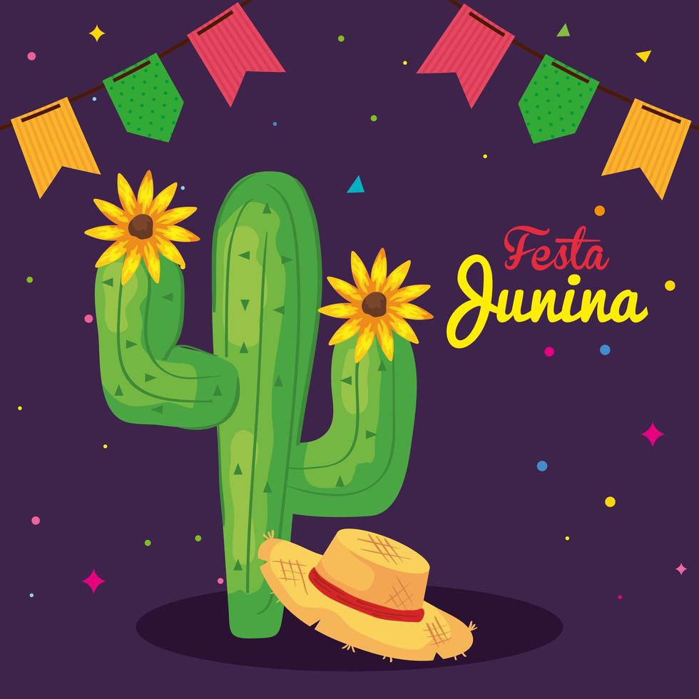 festa junina con cactus y decoración, festival de junio de brasil, decoración de celebración vector