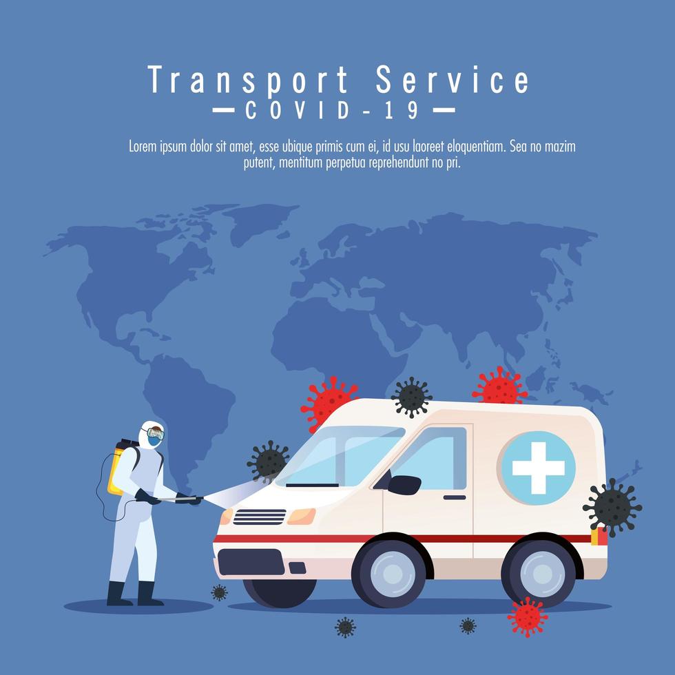 ambulance car disinfection service, prevention coronavirus covid 19, clean surfaces in car with a disinfectant spray, person with biohazard suit vector