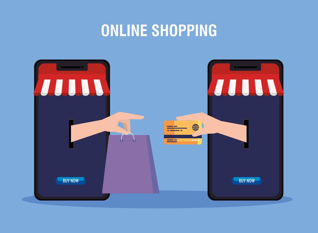 Smartphones with hands holding bag and credit card vector design