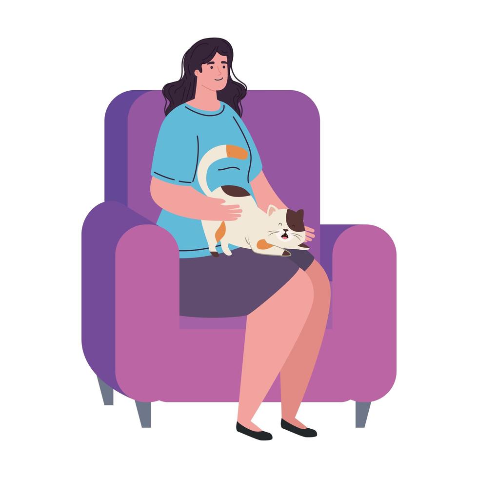 young woman sitting in couch with cat mascot on white background vector