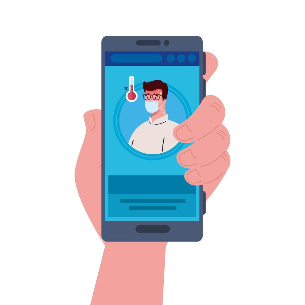 smartphone, man with disease fever, app prevention coronavirus covid 19, medical consultation virtual medicine vector