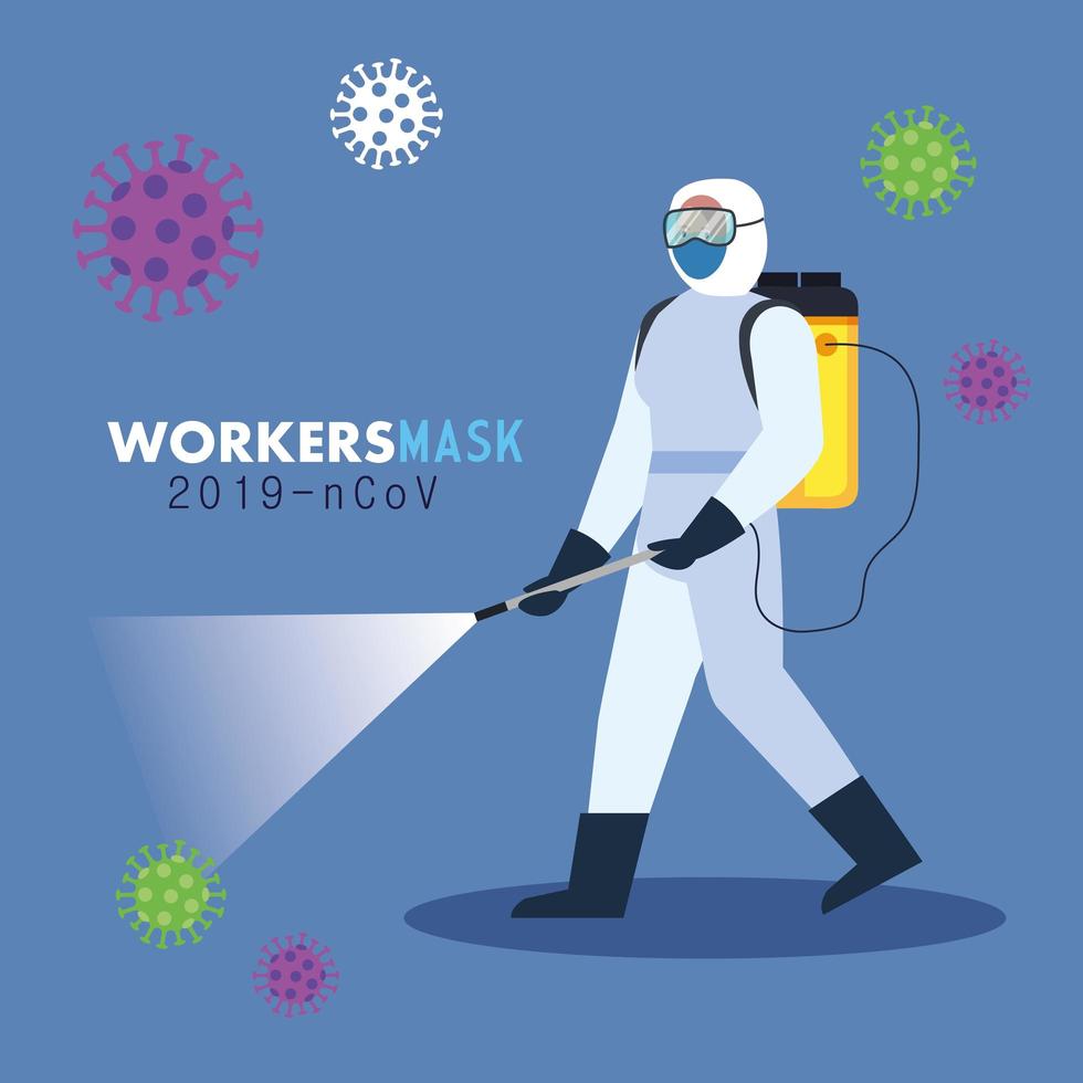 person in protective suit spraying disinfectant to cleaning and disinfection covid 19, coronavirus prevention measure vector