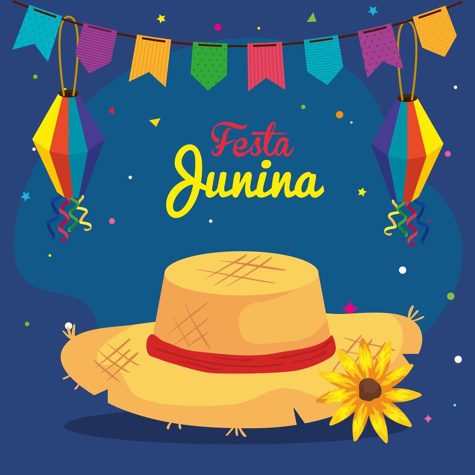 festa junina with hat wicker and decoration, brazil june festival vector