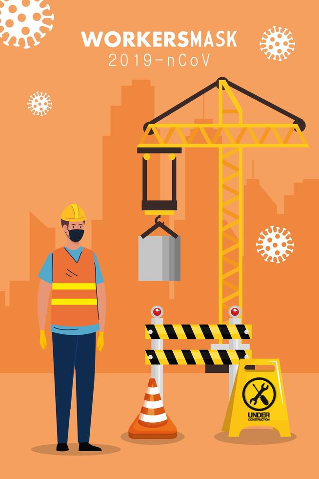 worker construction wearing medical mask against covid 19 vector