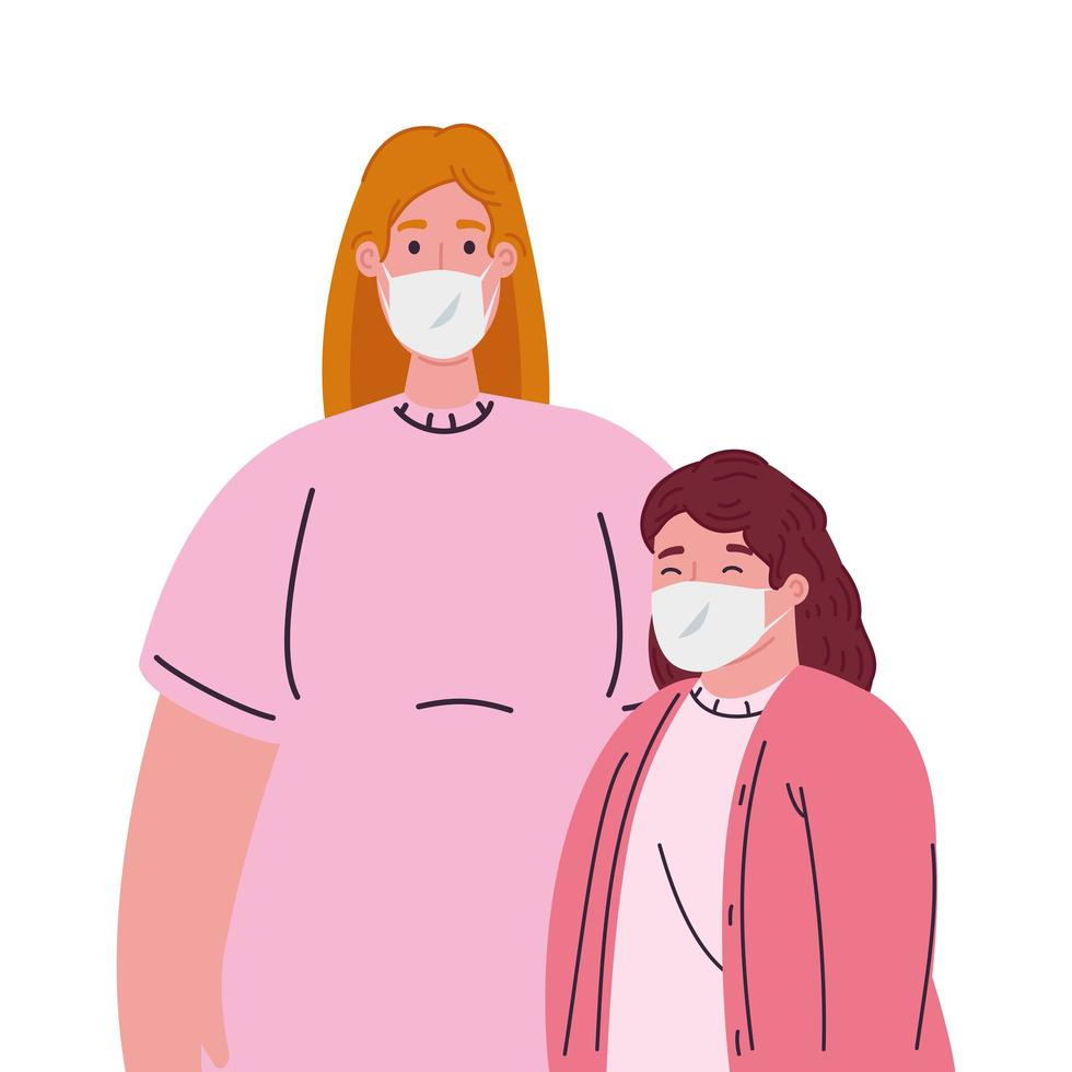 mother with daughter wearing medical protective mask against covid 19 vector